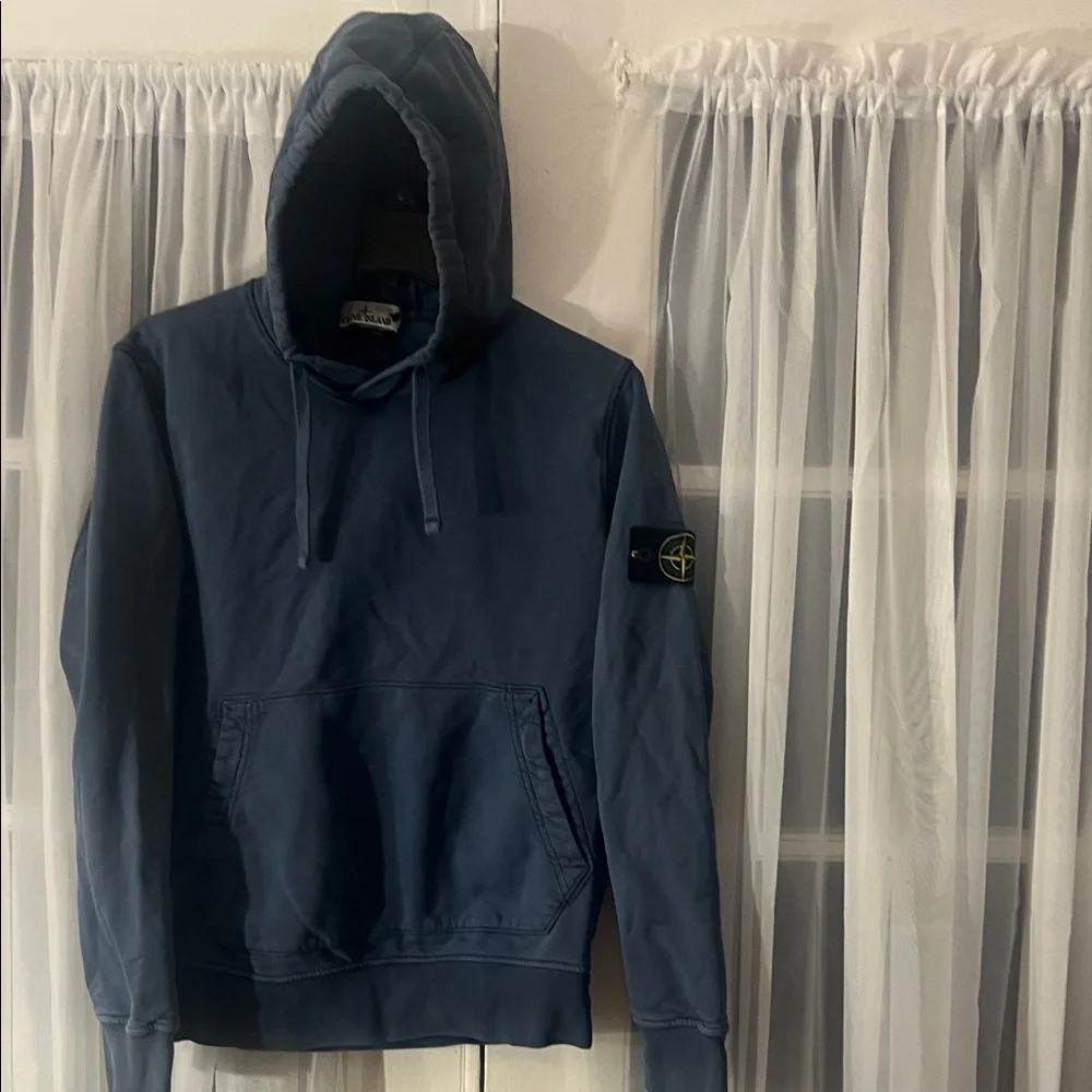 Stone Island Blue Cotton Pullover Hoodie with Logo Patch On sleeve Men’s Medium - Picture 6 of 14